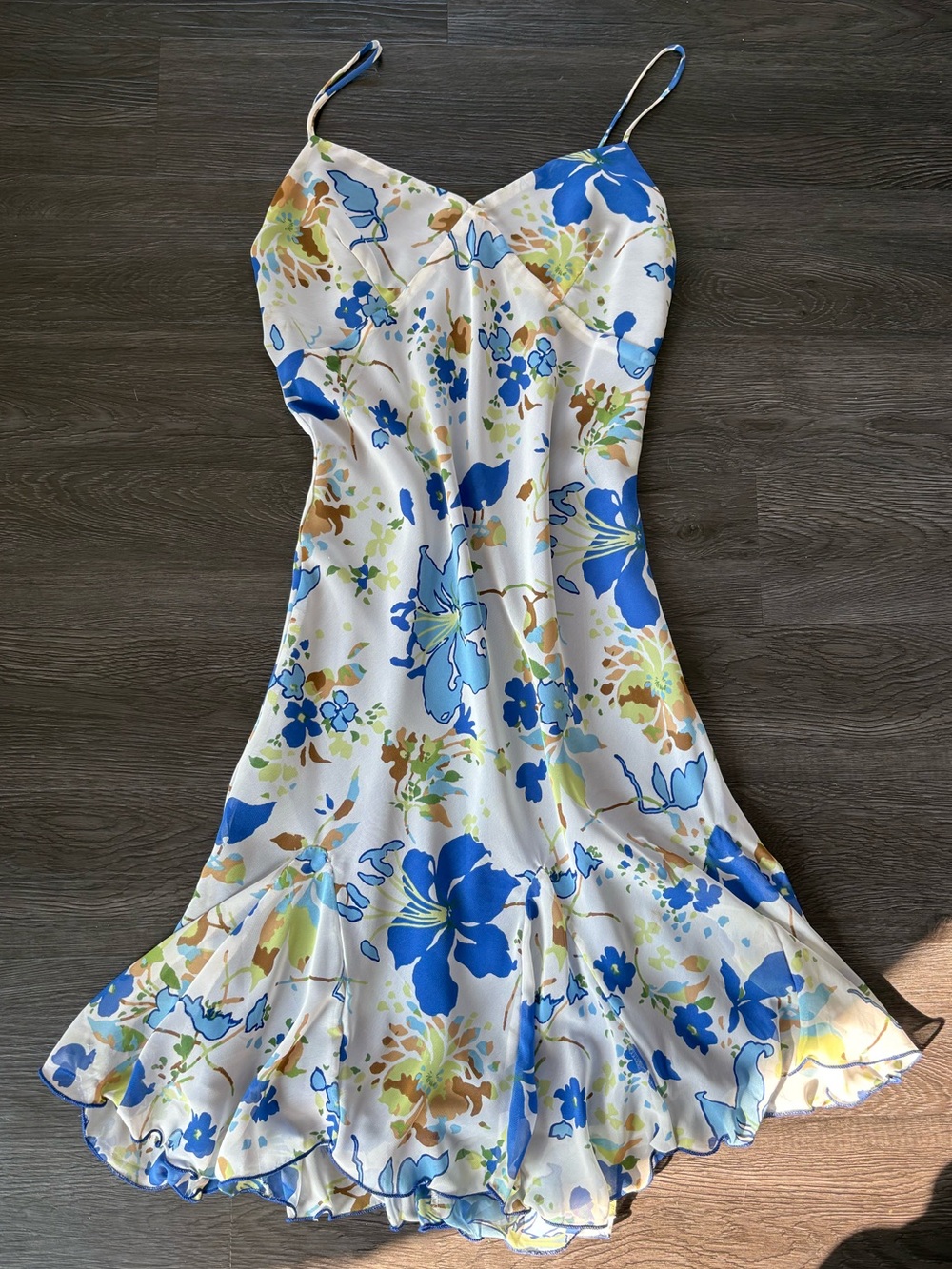 Vintage Y2K ruffle hem White Floral Slip Dress midi Blue & Green Print small